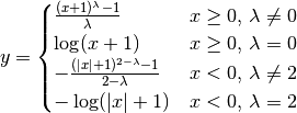 y=\begin{cases}
\frac{(x+1)^{\lambda} - 1}{\lambda}
& x\geq 0,\, \lambda\neq 0 \\
\log(x+1)
& x\geq 0,\, \lambda = 0 \\
-\frac{(|x|+1)^{2-\lambda} - 1}{2-\lambda}
& x<0,\, \lambda\neq 2 \\
-\log(|x|+1)
& x<0,\, \lambda = 2
\end{cases}